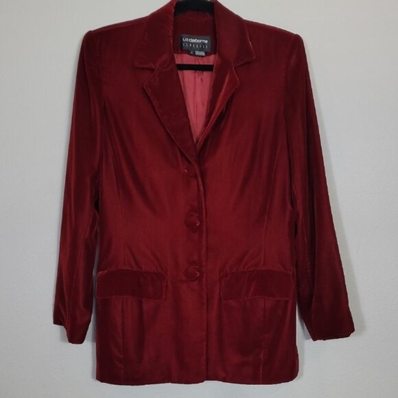 Vintage Liz Claiborne Women Velvet Blazer Jacket Size 4/S Red Pockets Button Up - Picture 1 of 14